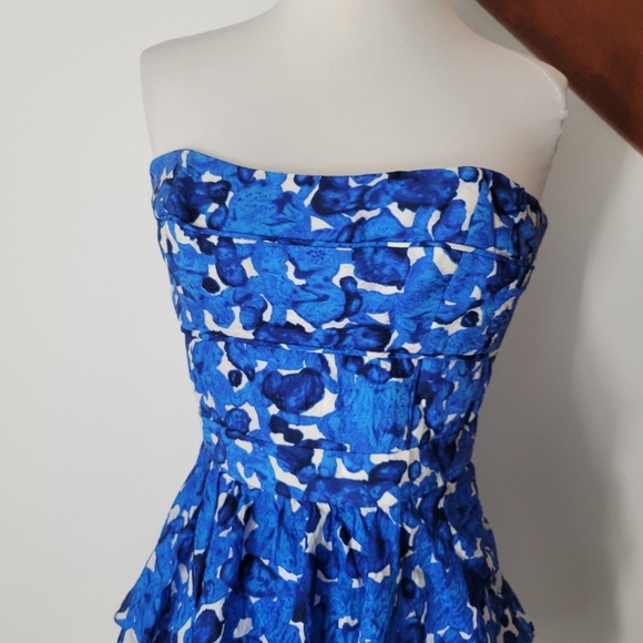 Cynthia Steffe 100% Silk Blue and White Floral Strapless Ruffled Mini Dress Sz 8 - Picture 5 of 7